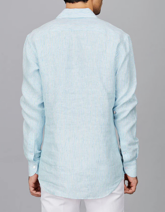 Stripe Linen Popover Shirt in Marine Blue and White