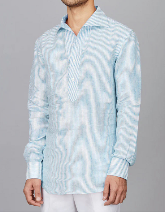 Stripe Linen Popover Shirt in ⁠Marine Blue and White