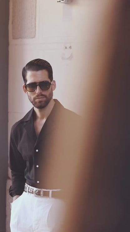 Italian Old Money Black Cuban Collar Shirt – Premium Linen Blend | THE ROYL COLLAR™